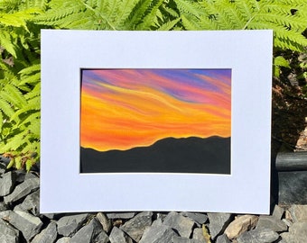 Mountain Sunset Original Pastel Painting | Mounted in Framing Mat | Soft Pastel Illustration