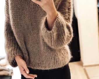 Mohair Jumper. Handknit Oversized Sweater. Handmade Top. Super Trendy Tick Pullover.