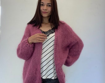 Pink cardigan Fluffy Mohair Bomber, Open Front Cardigan, Knit Sweater, Sweaters for women, Cape for women, Oversized Cardigan Crop Cardigan