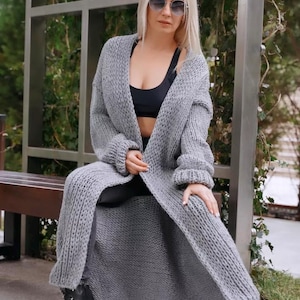 Long Cardigan Hand Knit Cardigan Mother&#39;s Day Gift Chunky Cardigan Wool Jacket Thick cardigan Cable knit Oversized Sweater Cozy Knitwear