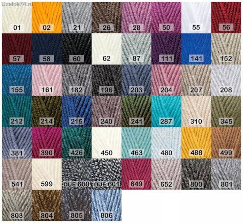 May include: A chart of yarn colors with numbers corresponding to each color. The yarn colors include shades of blue, green, red, pink, brown, gray, white, and yellow.