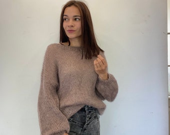Chunky oversized mohair sweater Wool hand knit sweater Fuzzy chunky sweater for women Off shoulder knit loose sweater Long mohair pullover