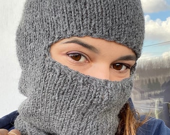 Grey Balaclava Face mask, Wool balaclava hat, winter full face mask for women, ski mask, face cover