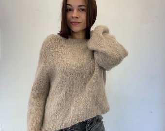 Alpaka-Cardigan-Pullover, beige-cremefarbener Pullover, Damen-Pullover aus Alpaka-Wolle handgefertigt, Grobstrickpullover, Slouchy-Pullover aus Wolle handgestrickt