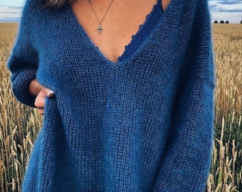 Mohair Jumper. Handknit Oversized Sweater. Handmade Top. Super Trendy Tick Pullover.