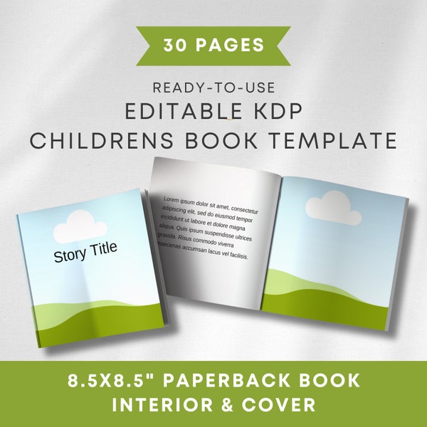 Editable KDP Template Childrens Book. Ready-to-use Canva Template for Self Publishing an 8.5x8.5” 30 Page Paperback Kids Story Book on KDP