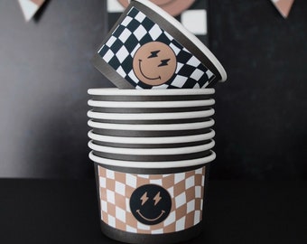 One Happy Dude, White, Black, Brown Checkered Stickers, Personalized Birthday Labels, Party Favor Label Stickers, Smiley Face, Happy Face