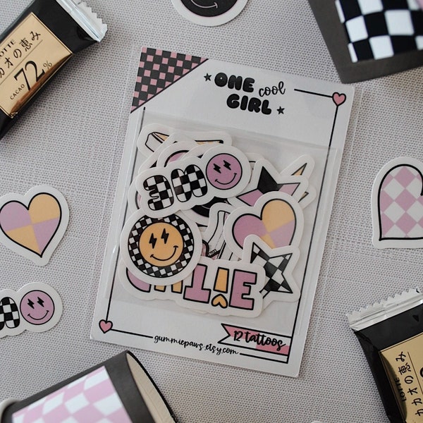 One Happy Girl Birthday , One Happy Babe, Temporary Tattoo Pack, Birthday Favors, Girls Birthday Favor, Retro Smiley Face, Pink Checkered