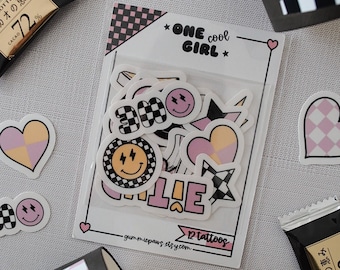 One Happy Girl Birthday , One Happy Babe, Temporary Tattoo Pack, Birthday Favors, Girls Birthday Favor, Retro Smiley Face, Pink Checkered
