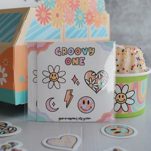 Groovy One, First Birthday, Groovy 70's Birthday, Retro Birthday, Fun Party Favors, Groovy Sticker Sheets, Kids Birthday Favors, Smiley Face