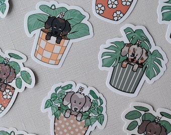Cute Dachshund Holographic Vinyl Sticker, Dog Lovers Sticker, Kawaii Plant Sticker, Gift For Dachshund Lovers, Cute Plant Stickers