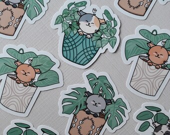 May include: A set of nine stickers featuring cute cats in potted plants. Each sticker has a different cat and plant combination, with a variety of colors and patterns. The stickers are perfect for adding a touch of whimsy to laptops, water bottles, or journals.
