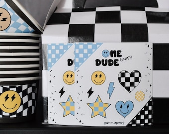 One Happy Dude Blue, Kids Birthday Favors, Cool Party Favors, Retro Birthday, Smiley Face, Lightning Bolt, Sticker Sheets, Sticker Favors