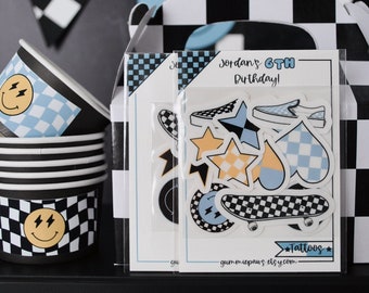 One Happy Dude, Birthday Party Favor, Party Favor For Kids, Temporary Tattoo Sheet, Smiley Face, Lightning Bolt, Checkered, Skateboard