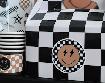 One Happy Dude, White Black Brown Checkered Labels, Smiley Face Stickers, Party Favor Labels, Goodie Bag Labels, Happy Face, Party Decor