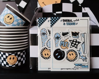 May include: A set of stickers featuring a skateboard, lightning bolts, smiley faces, and the text "Young, Wild & Three". The stickers are packaged in a clear plastic bag with a white background. The stickers are perfect for adding a fun and edgy touch to your belongings.