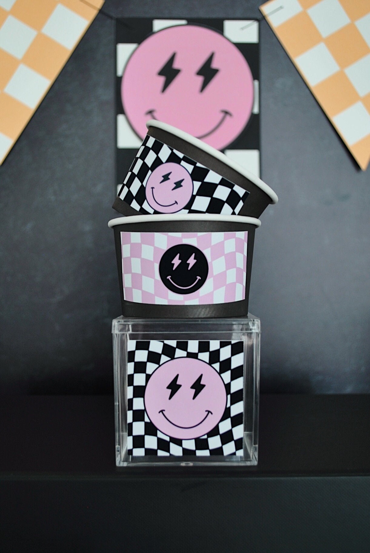 One Happy Girl, Personalized Birthday Labels, Girls Birthday, Party Favor Label Stickers, Pink Smiley Face, Happy Face, Checkered, Retro
