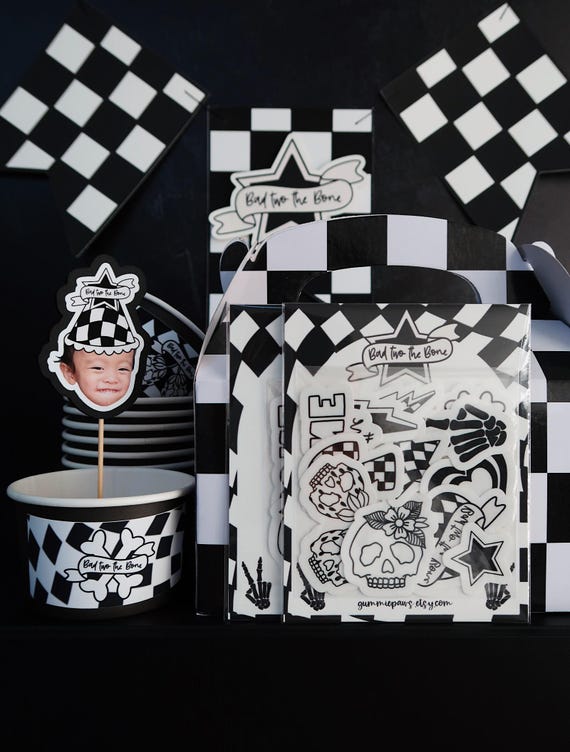 Bad Two The Bone Birthday, Temporary Tattoo, Party Tattoos, Cool Party Favors, Birthday Favors, Black White Checkered, 2nd Birthday, Skull