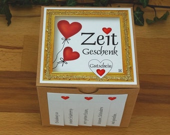 Gutschein Erlebnis "ZEIT statt ZEUG" / "ZEIT Geschenk" personalisiert Reise Karton 10x10x10cm quadratisch Faltbox Würfel handgemacht