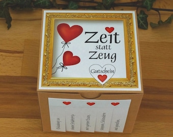 Gutschein Erlebnis "ZEIT statt ZEUG" / "ZEIT Geschenk" personalisiert Reise Karton 10x10x10cm quadratisch Faltbox Würfel handgemacht