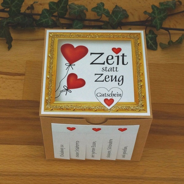 Gutschein Erlebnis "ZEIT statt ZEUG" / "ZEIT Geschenk" personalisiert Reise Karton 10x10x10cm quadratisch Faltbox Würfel handgemacht