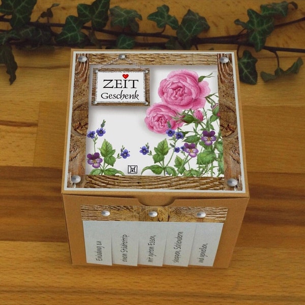 Geburtstag Gärtner ZEIT statt Zeug Geschenk Verpackung Erlebnisse Natur Rosen Garten Gutschein Faltbox Karton Zeitgeschenk