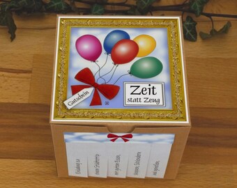 Gutschein Verpackung "ZEIT statt ZEUG" oder "ZEIT Geschenk" personalisiert Karton 10x10x10cm quadratisch Faltbox Würfel, handgemacht