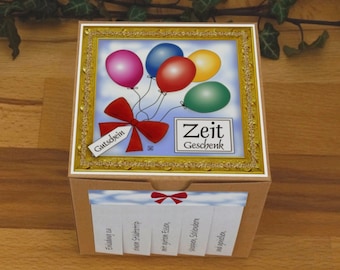 Gutschein Verpackung "ZEIT statt ZEUG" oder "ZEIT Geschenk" personalisiert Karton 10x10x10cm quadratisch Faltbox Würfel, handgemacht