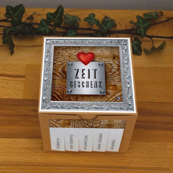 Mann Gutschein Holz Edelstahl "ZEIT statt ZEUG" / "ZEIT Geschenk" Verpackung personalisiert Geburtstag Hochzeit Faltbox Karton Valentinstag