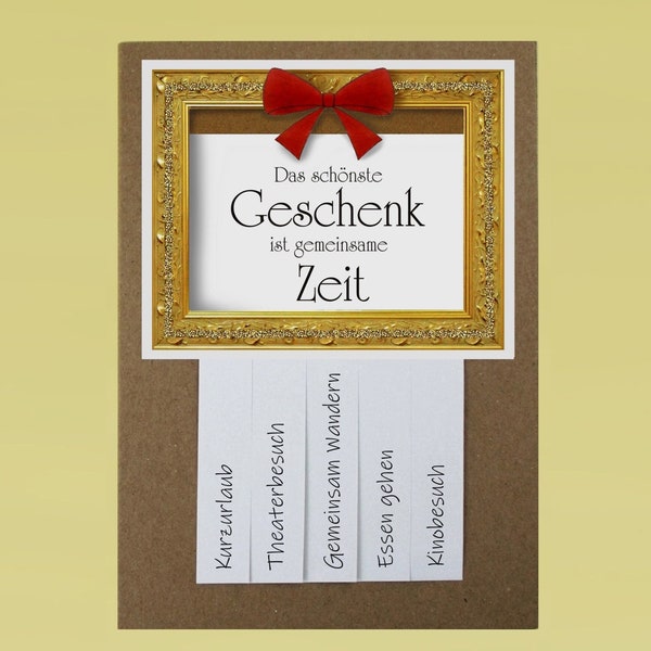 Gutschein, Karte mit Umschlag, Geschenk, gemeinsame Zeit, Einladung Familie, Freunde, Schleife, Klappkarte braunes Naturpapier, handgemacht