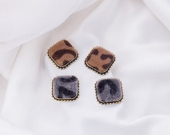 Women Leopard Print Stud Earring Velvet Fur Square Earrings Geometric Ear Dangle