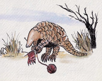 Knitting Pangolin, Signed Giclée Art Print