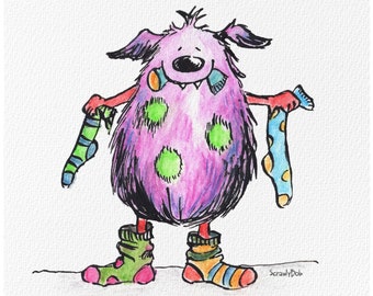 Odd Sock Monster, Signed Giclée Art Print, A4