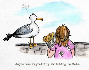 Joyce, the Keto Seagull, Signed Giclée Art Print, A4