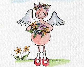 Flower Fairy Pig, Signed Giclée Art Print, A4