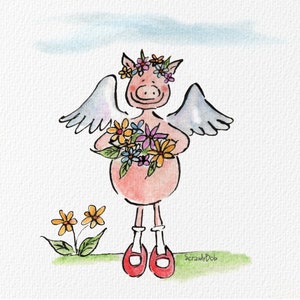 Flower Fairy Pig, Grabado de arte Giclée firmado, A4