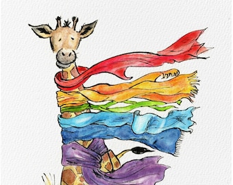 Scarf Giraffe Signed Giclée Art Print, A4