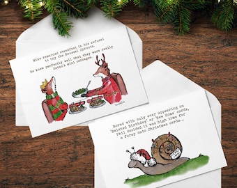 May include: Two humorous Christmas cards with illustrations. One card shows a deer and a bear at a table with text about Brussels sprouts. The other card features a snail wearing a Santa hat with the text "Merry Xmas".