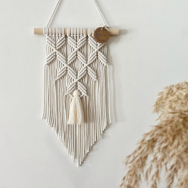 Small macrame wall hanging for boho apartment, Nordic style interior decor, above couch tapestry, gift for woman, unique geometric pattern