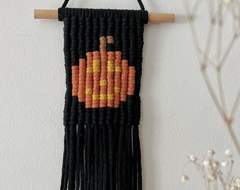 Halloween pumpkin wall hanging, small macrame tapestry, autumn home decoration, cute baby room accessories, spooky gift for witch, pixel art