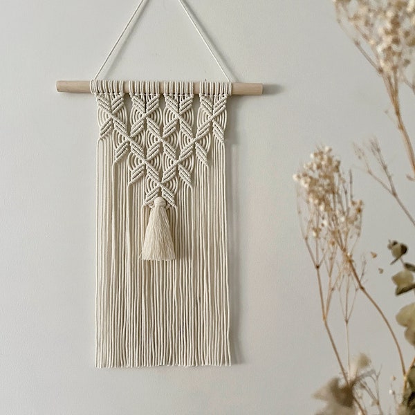 Big macrame wall hanging for boho decor, beautiful interior design, above bed tapestry, cottagecore home style, unique geometric pattern