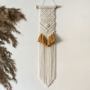 Narrow macrame wall hanging with mustard tassels, geometric artwork for modern interior, simple apartment decor, housewarming gift for woman