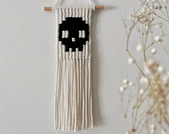 Skull wall hanging for Halloween interior decor, cute macrame tapestry, spooky home accessories, cool gift for best friend, small pixel art