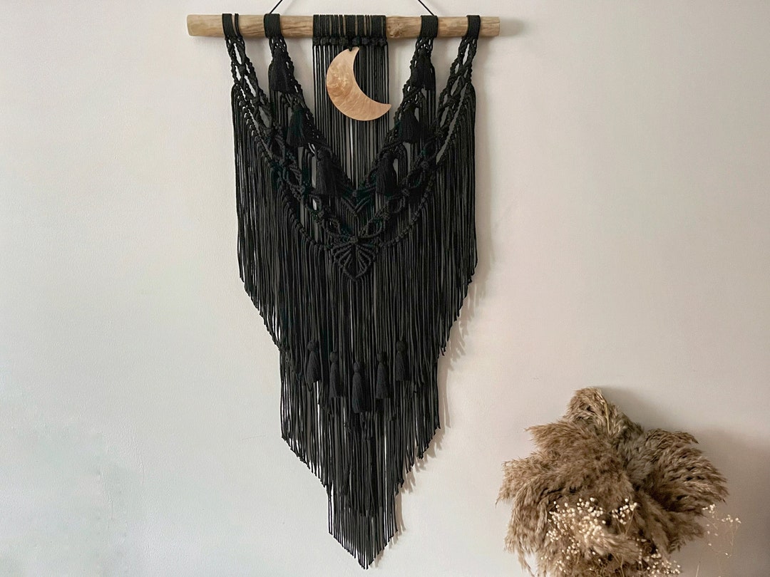 Extra Long Macrame Wall Hanging With Wooden Moon Black Etsy UK