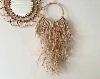 Makramee Wandbehang, Raffia Wandbehang mit Holzperlen, Naturgras Deko, Wandbehang, Seegras Wandbehang, primitives Handwerk