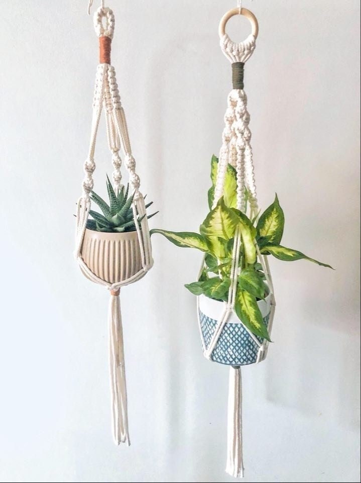 Decorative macrame plant hanger for Scandinavian interior, simple houseplant display, hanging pot support, neutral decor, small gift for her