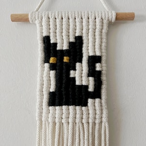 May include: A black and white macrame wall hanging with a cat design. The cat has yellow eyes and is surrounded by a white fringe.