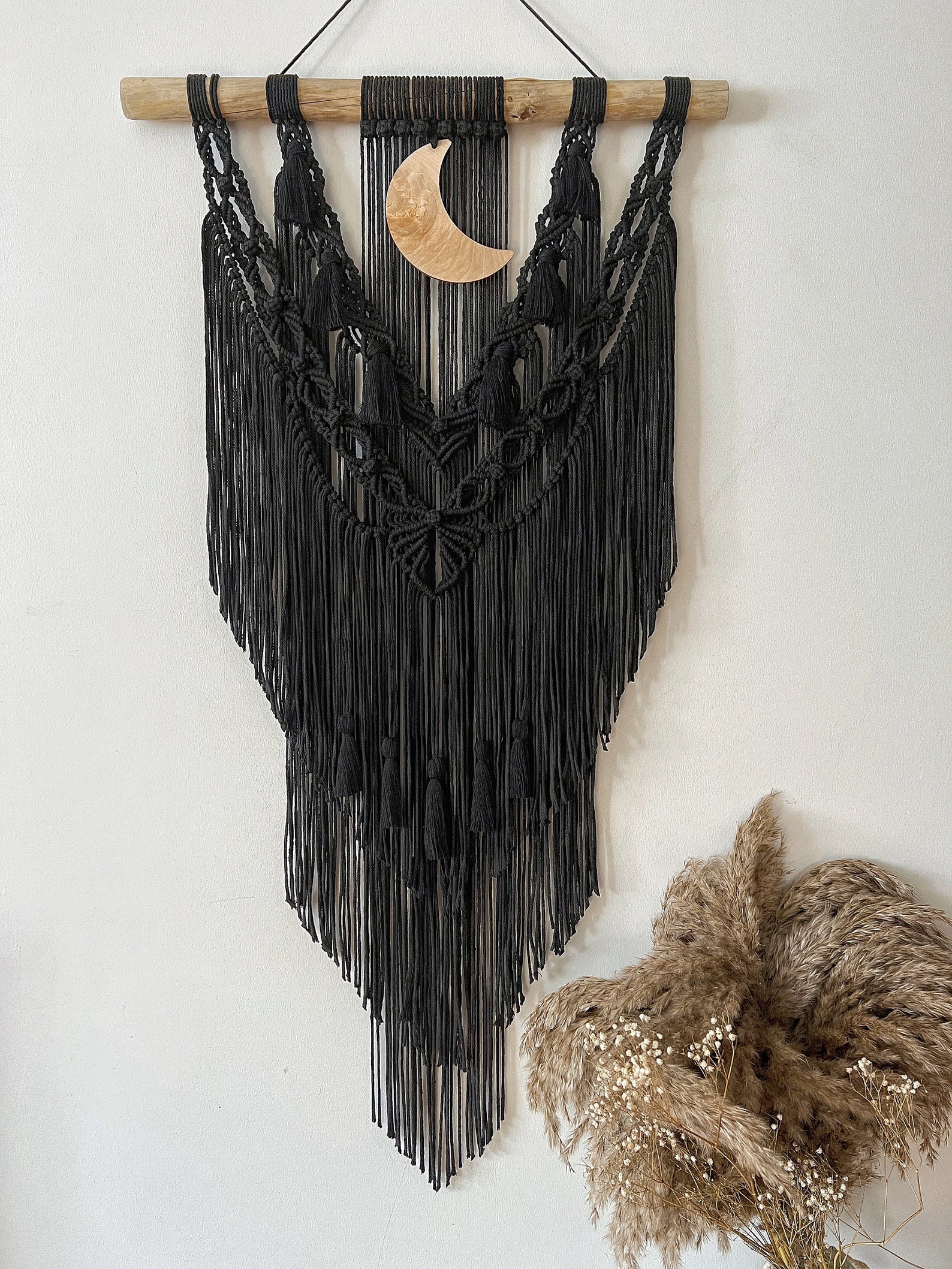 Extra Long Macrame Wall Hanging With Wooden Moon Black Etsy UK