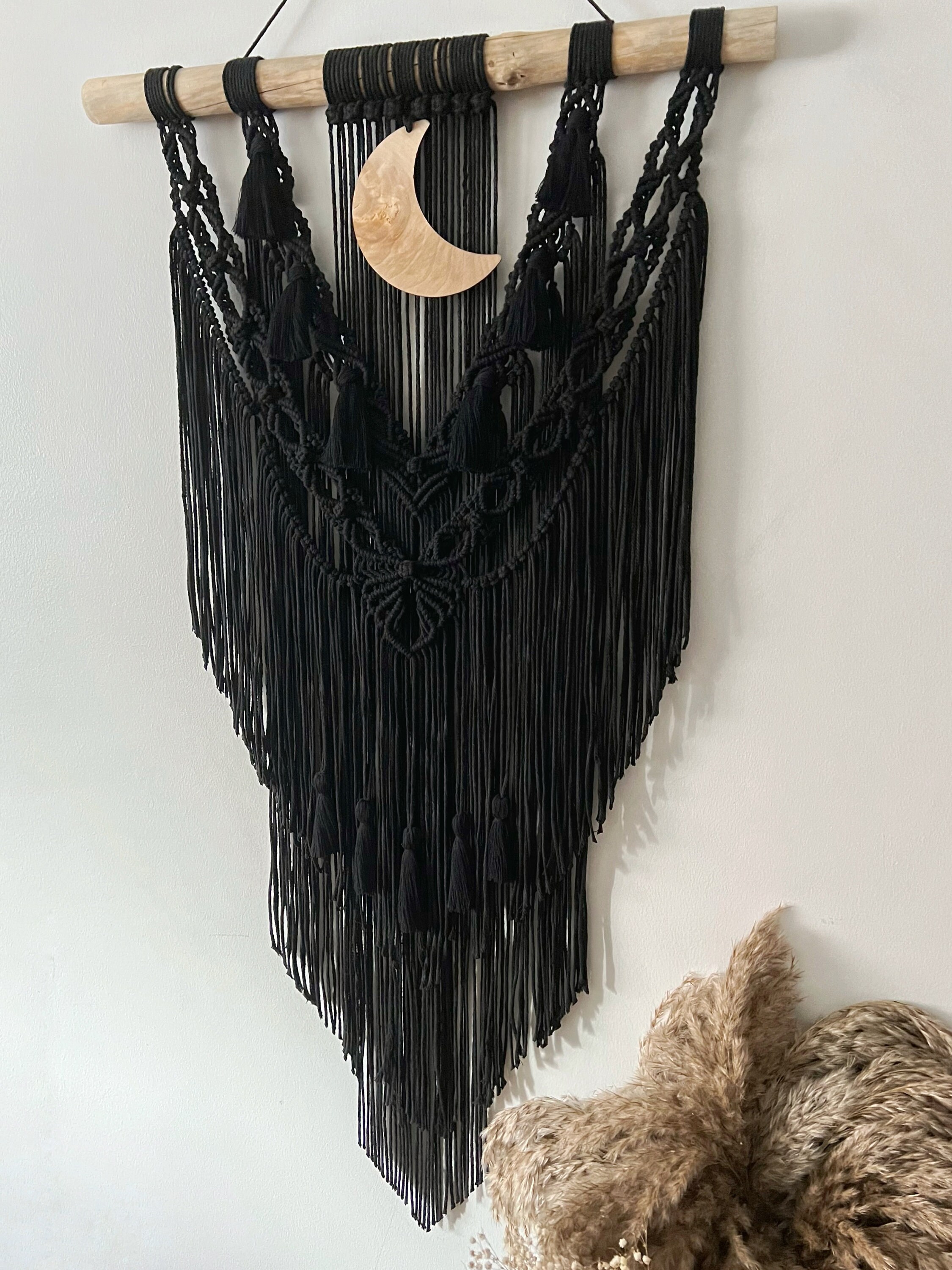 Extra Long Macrame Wall Hanging With Wooden Moon Black Etsy UK