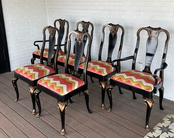 6 Noble Homes Collection Black Lacquered Chinoiserie Dining Chairs from Baker